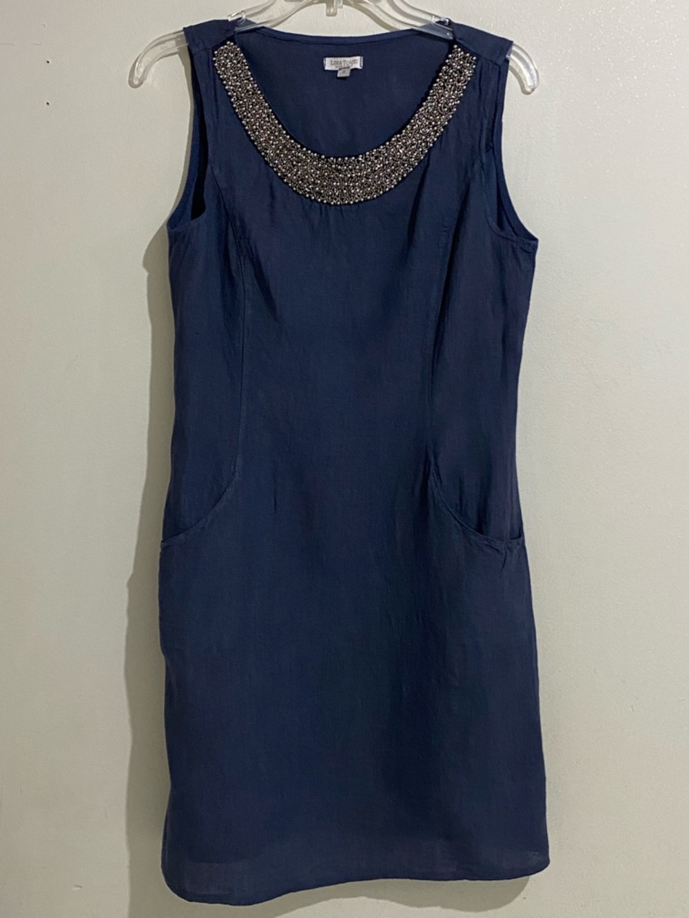 Lina Tomei Beaded Scoop Neck Navy Mini Dress Sleeveless Made in Italy